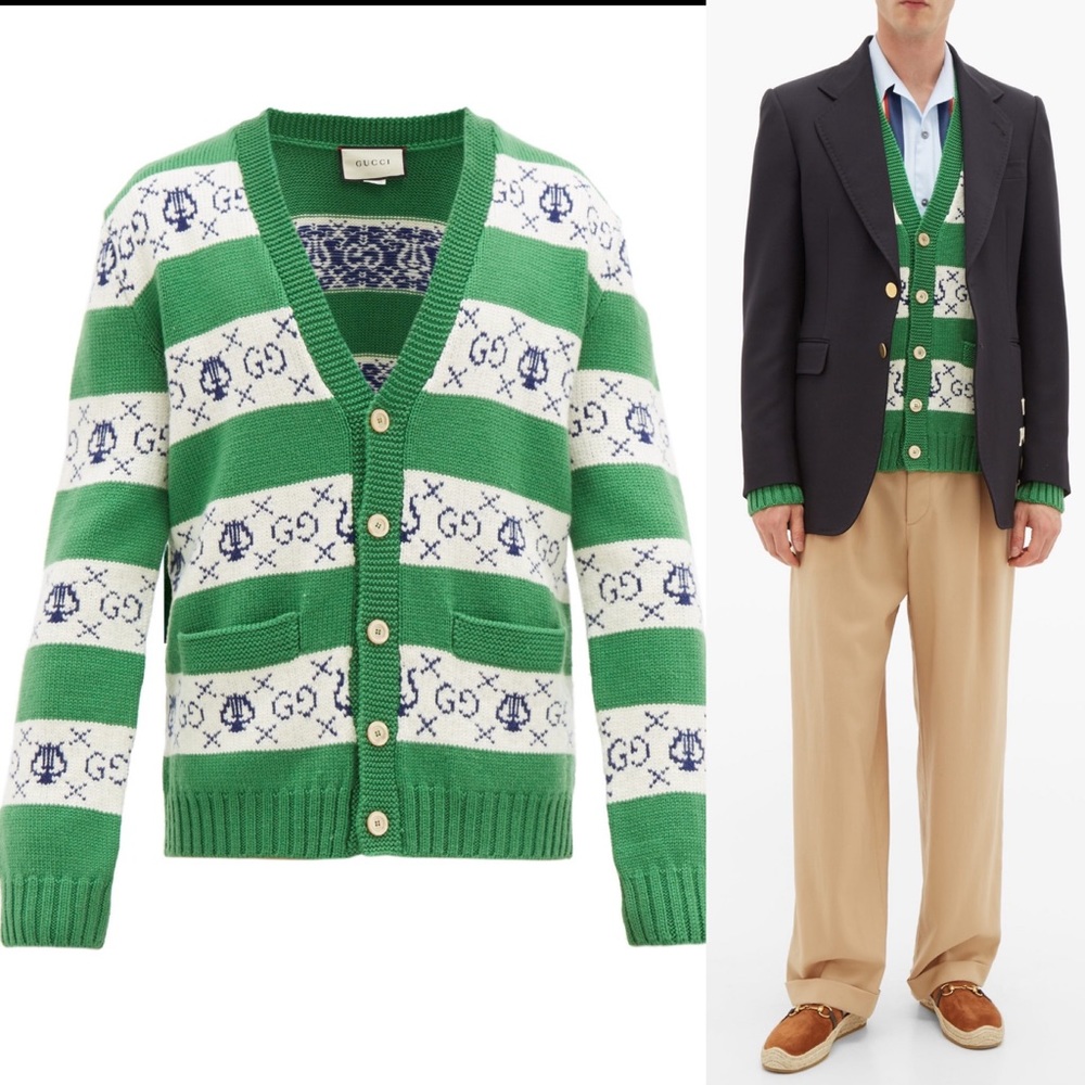 Gucci Men’s GG Logo Wool Knit Cardigan Green Citron Stripe Sweater M NWT Italy